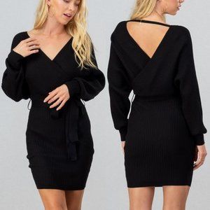 NEW Black Rib Knit Sexy Wrap V Neck Classic Little Black Sweater Dress